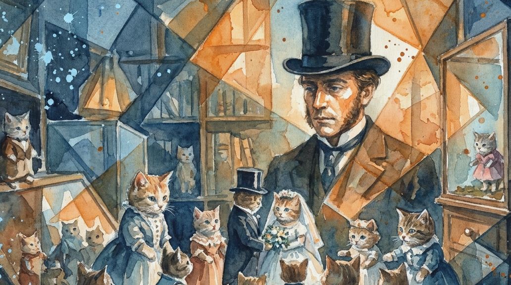 A watercolor in deep blues and oranges depicts Walter Potter and his anthropomorphic kitten wedding.