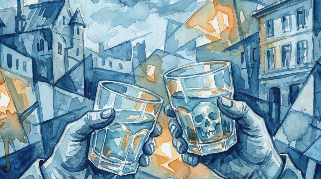 Gloved hands toast water glasses, one with a skull, in this blue fractured watercolor city painting.