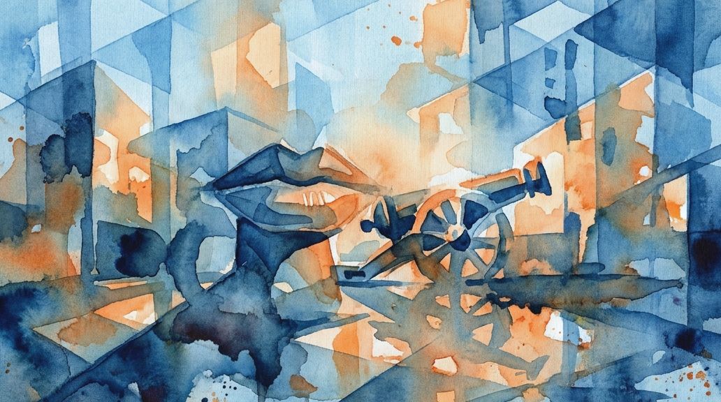 A watercolor painting in blue and orange tones features a cannon and a mouth with teeth.