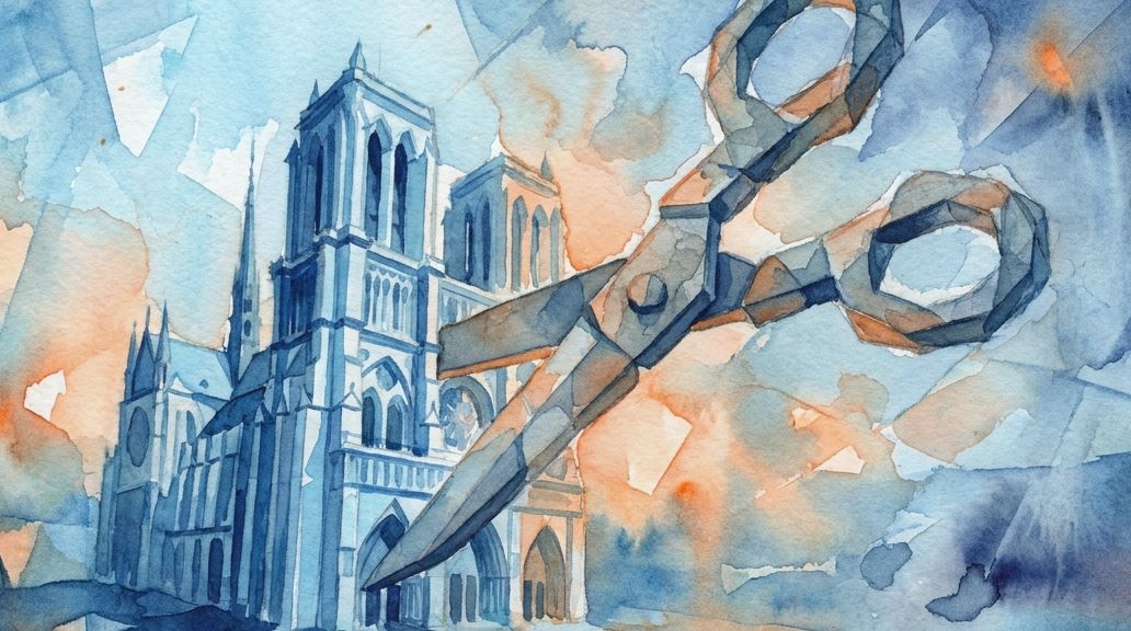 A loose watercolor shows large scissors over a gothic cathedral in deep blues and orange tones.