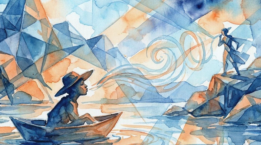 A blue and orange watercolor depicts two figures communicating via whistled speech across water.