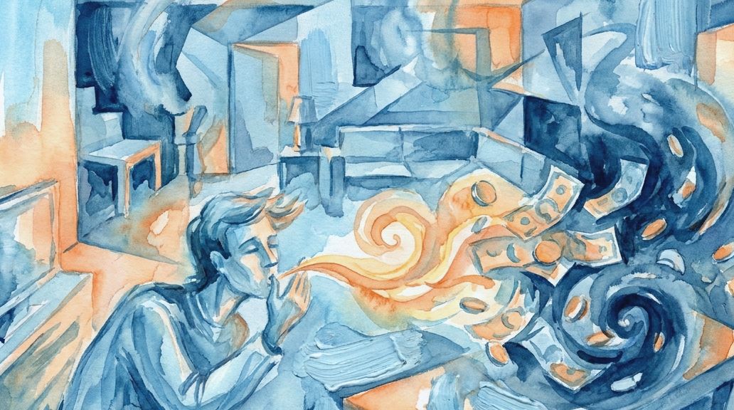 A blue and orange watercolor shows a man whistling money away into a swirling, dark vortex.
