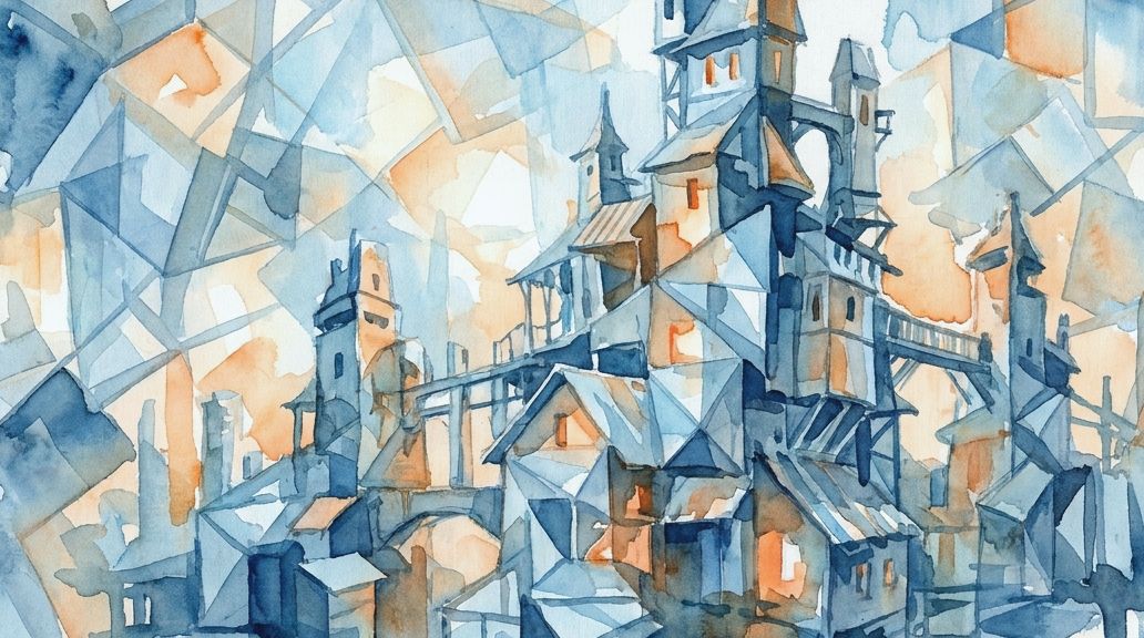 A watercolor painting in blues and oranges shows a sprawling mansion of many towers and stairs.