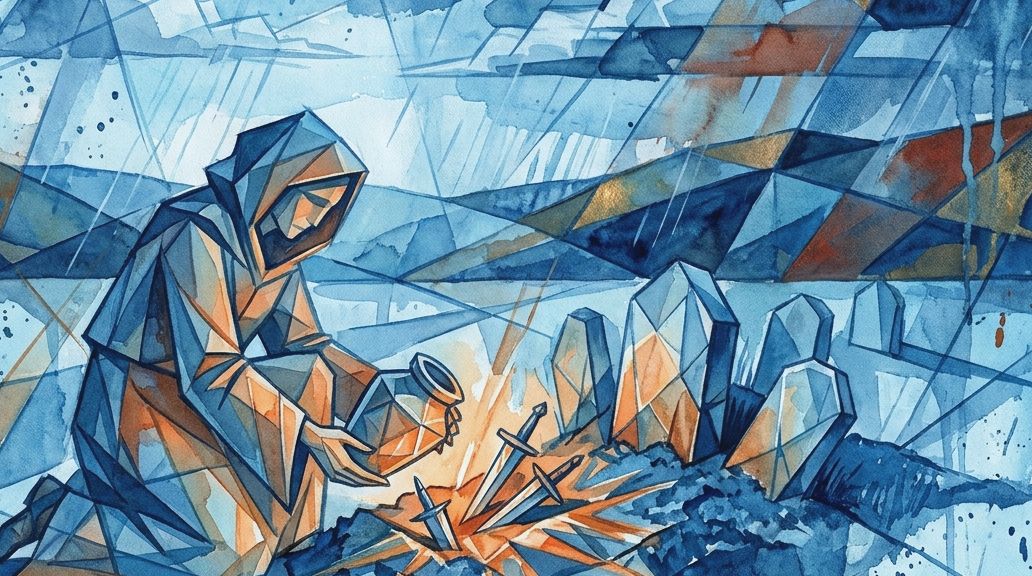 A hooded figure buries a witch bottle with daggers in a graveyard in this blue watercolor painting.