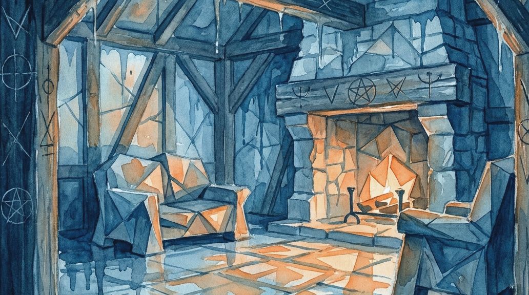 Blue watercolor shows a rustic room lit by orange fire, with carved witch marks on wooden beams.