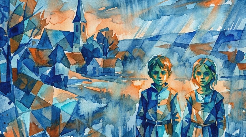A fragmented watercolor painting in blues and oranges shows the green children of Woolpit village.