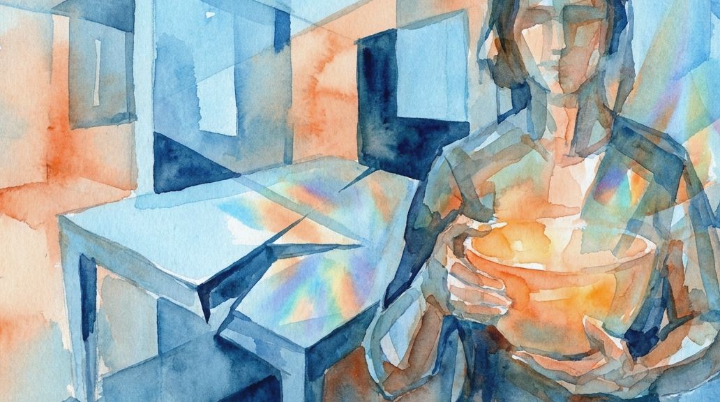 A watercolor painting in blue and orange hues shows a person holding a glowing bowl of sensory.