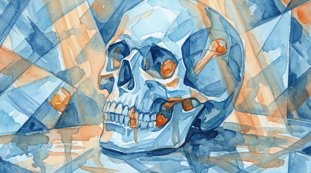 A blue and orange watercolor painting with a fractured style shows a skull's Wormian bones.