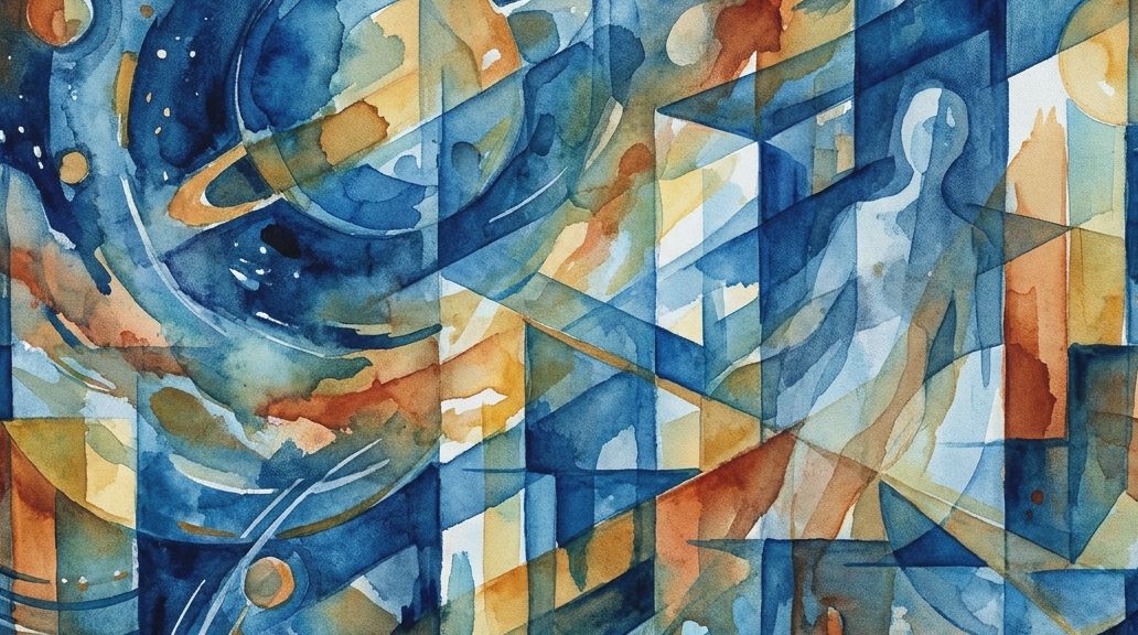 A watercolor painting shows mysterious cosmic signals and planets in deep blue and orange tones.