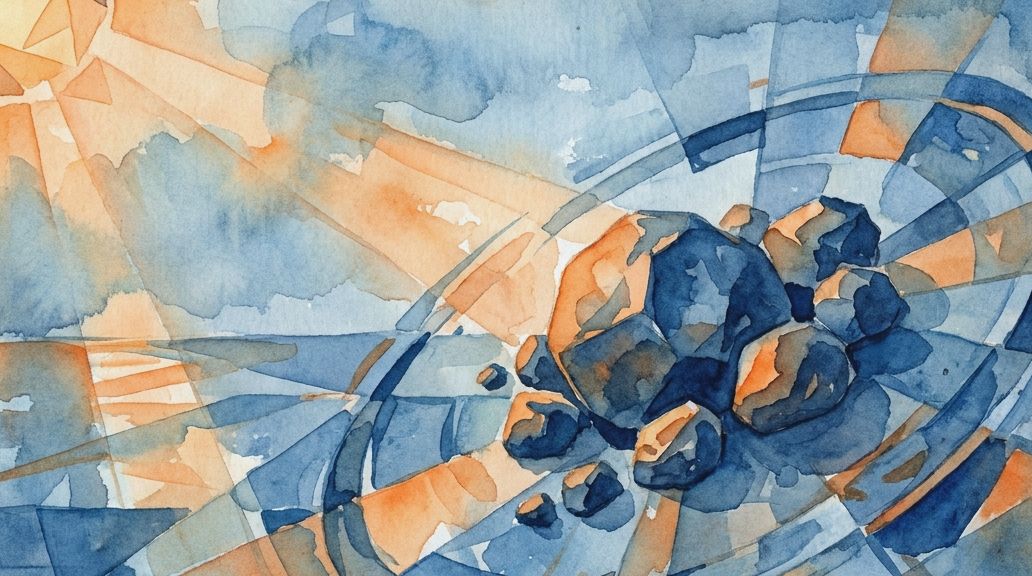 A watercolor painting in deep blues and oranges depicts the sun affecting asteroids in orbit.